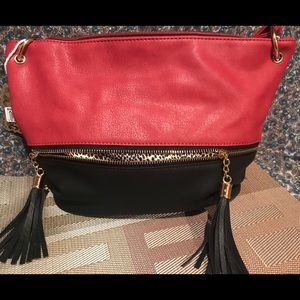 12 in black and red vegan purse
